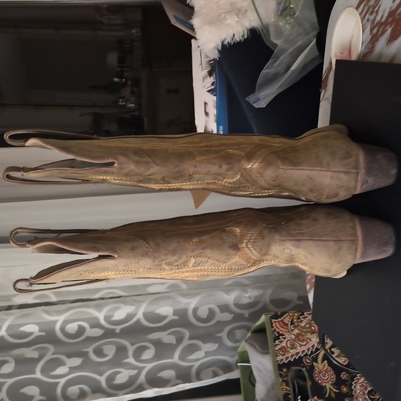 Western Cowgirl  Chunky Heel Mid Calf Snip Toe Vintage Tan Cowboy Boots 9.5 - Picture 8 of 14